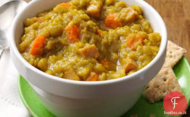 Prosciutto al curry e zuppa di piselli spaccati