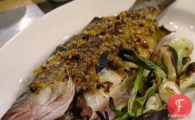 Branzino a strisce arrostito al legno con limone Meyer e gusto di oliva