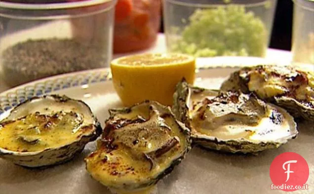 Ostriche alla griglia con crema di Sedano e prosciutto Virginia