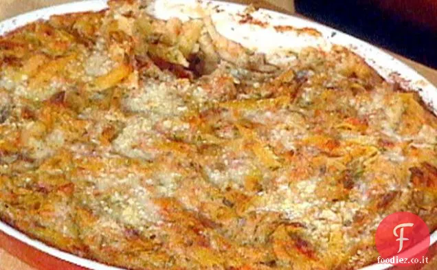 Pasta al forno con pomodorini, shiitake e prosciutto