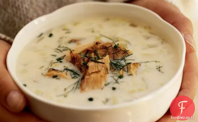 Zuppa di porri e finocchi con Salmone affumicato