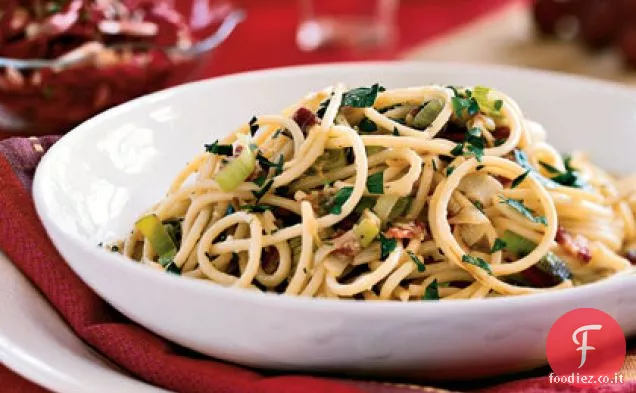 Spaghetti alla Carbonara con Porri e Pancetta
