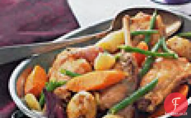 Ragoût di coniglio, carota, porro e fagiolini