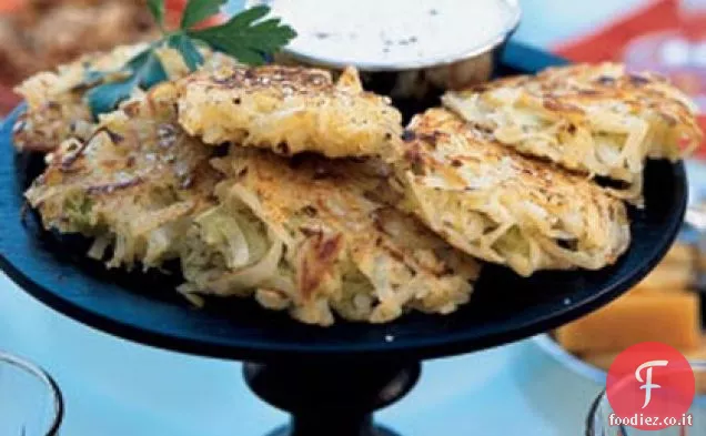 Frittelle di porri e patate con yogurt al limone e cumino