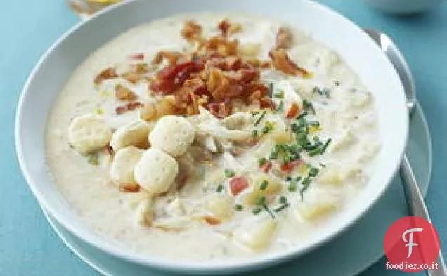 Zuppa di pancetta, patate, porri e granchi