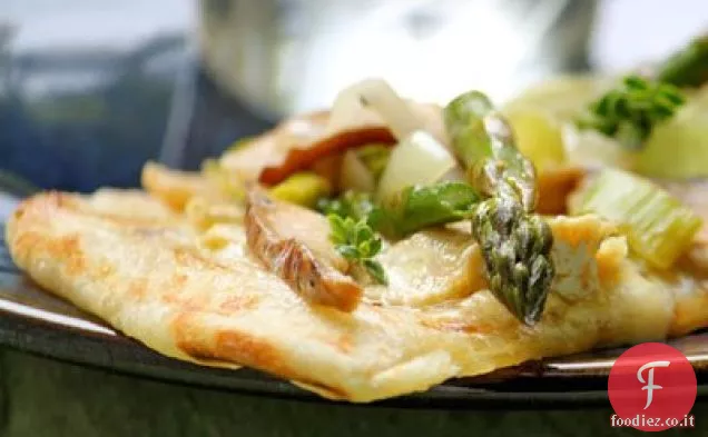 Pizza al tartufo alla griglia con porri, asparagi e funghi shitake