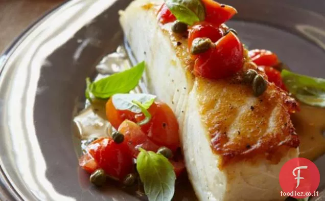Halibut con pepitas, capperi, pomodorini e basilico