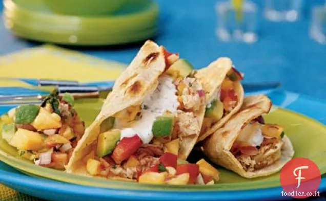 Tacos Mahi Mahi speziati di cumino con salsa di nettarina-avocado