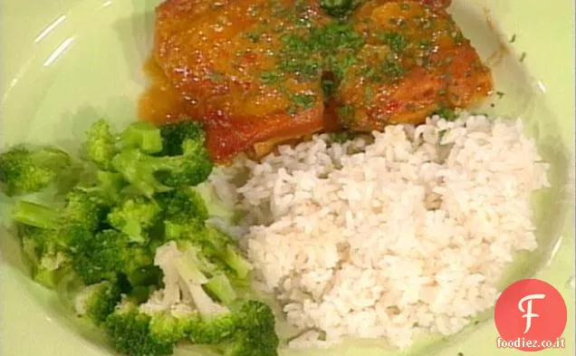 Pollo al forno di Digione con riso e broccoli