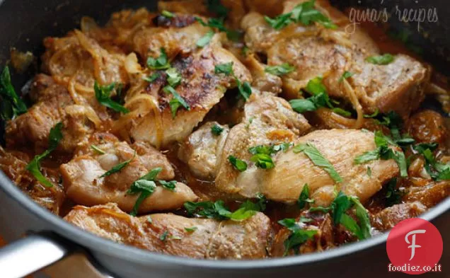 Cosce di pollo senza pelle con scalogno in aceto di vino rosso (poul