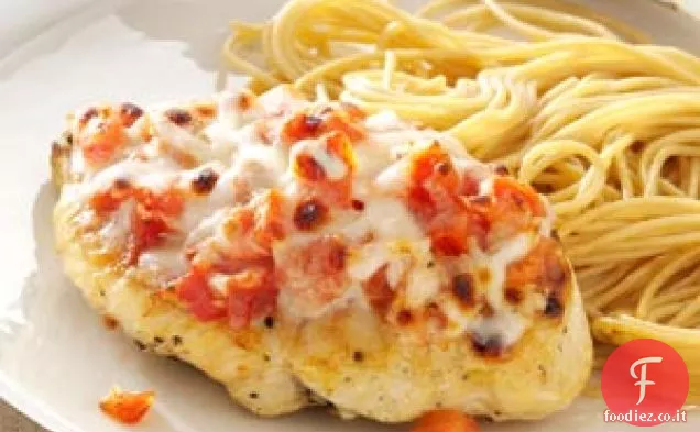 Pollo e spaghetti con bruschetta