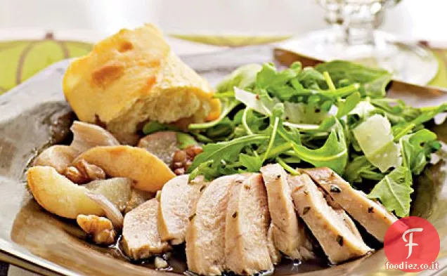 Pollo arrosto con Pere, scalogno e noci