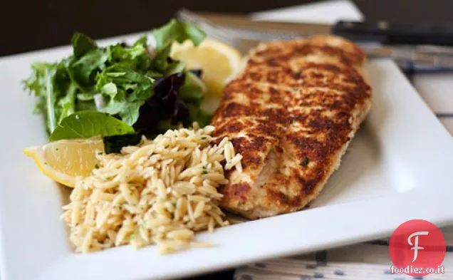 Pollo alla Milanese con verdure primaverili e Parmigiano rosolato-burro Orzo