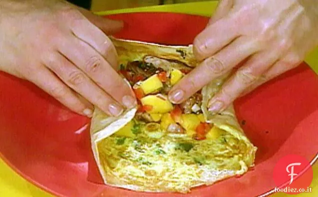 Filetti di maiale alla griglia asiatici con 5 spezie, salsa di mango e agrumi e involtini Frankie con cipollotto