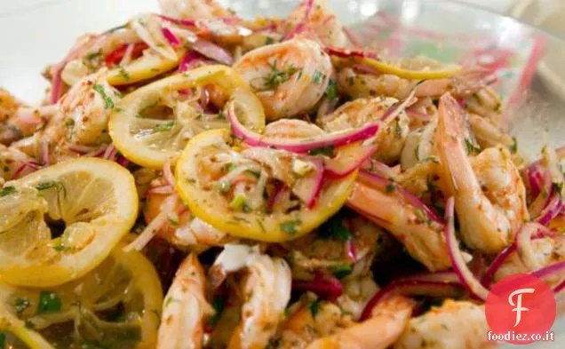 Gamberi in salamoia con aioli al limone e erba cipollina