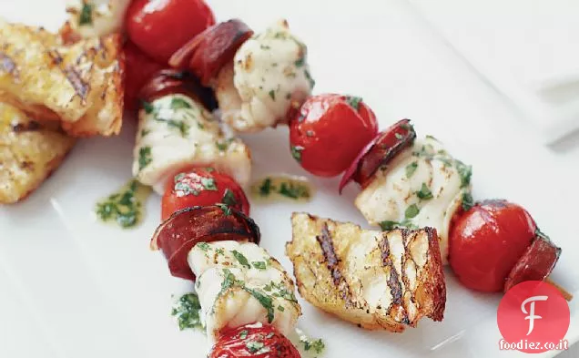 Rana pescatrice e spiedini di Chorizo