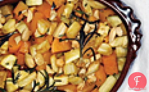 Zucca invernale arrosto e Pastinaca con glassa di sciroppo d'acero e Mandorle Marcona