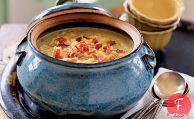 Zuppa di mais e patate Fingerling con pancetta affumicata Applewood