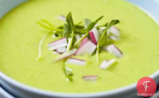 Zuppa di piselli inglese refrigerata con prosciutto e ravanello