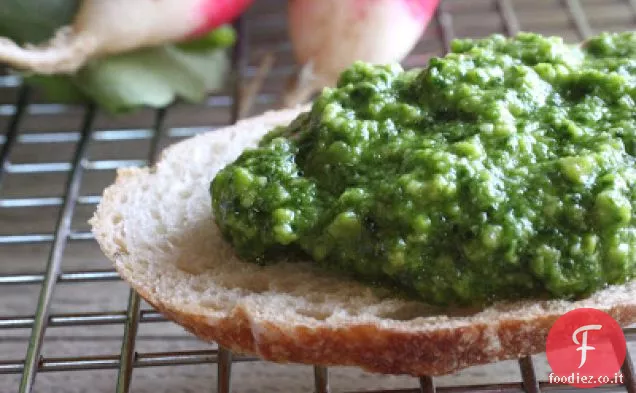 Pesto di foglie di ravanello con aglio verde e semi di zucca