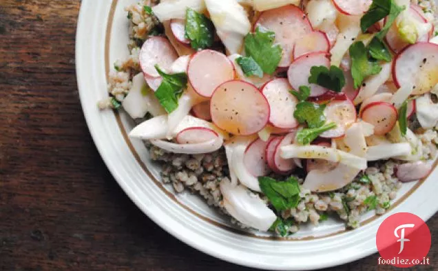 Insalata di grano, finocchio e ravanello con condimento al burro e limone