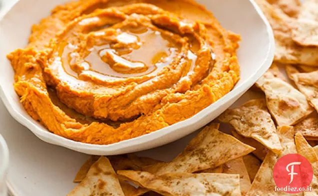 Patate dolci speziate Hummus e cumino Piadina Chips