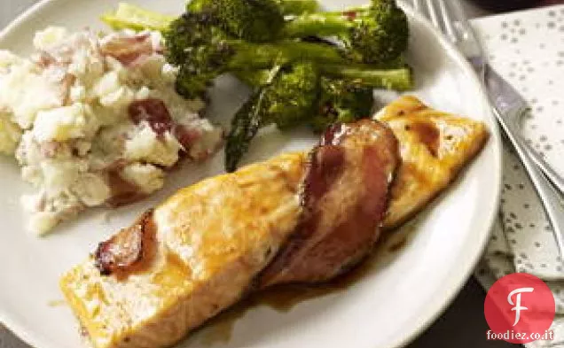 Salmone avvolto con pancetta con broccoli e purè di patate
