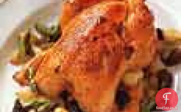 Pollo arrosto con asparagi, spugnole e Ragoût di cipolla perlata