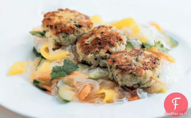 Pollo asiatico e tortini di castagne d'acqua