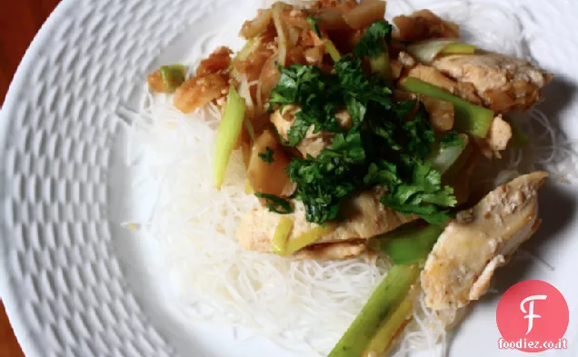 Addomesticamento di pollo allo zenzero fritto con porri