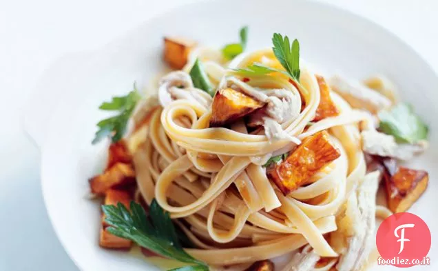 Patate dolci arrosto, aglio e Fettuccine di pollo