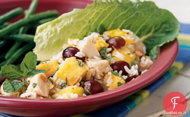 Insalata di pollo, riso e frutta tropicale