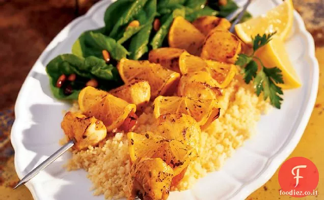 Spiedini di pollo e albicocca in agrodolce