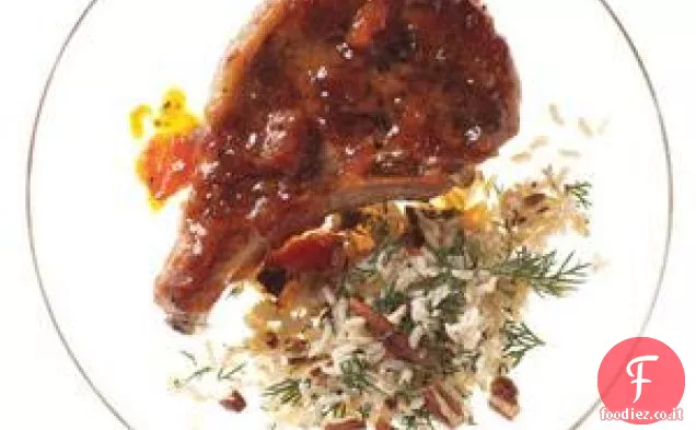 Braciole di maiale glassate all'albicocca con riso integrale-Pilaf di pecan
