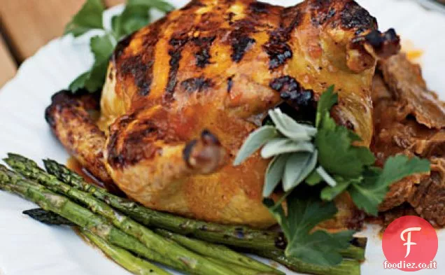 Galline alla griglia di selvaggina della Cornovaglia con glassa di albicocca-Chipotle