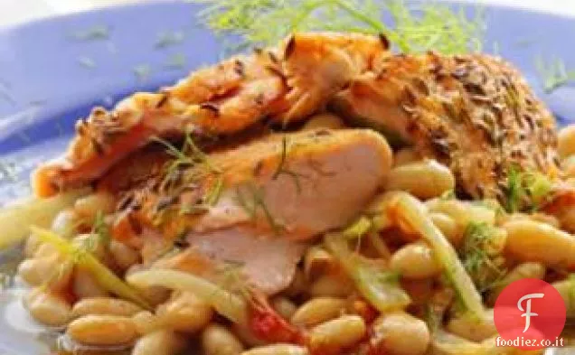 Salmone scottato con fagioli bianchi e finocchio