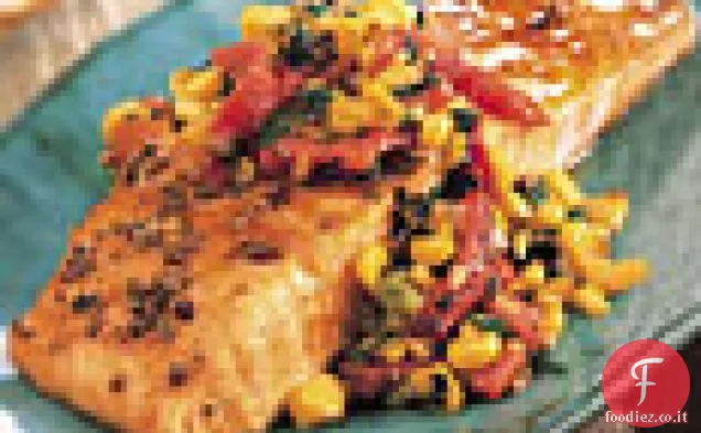 Salmone arrosto con pepe rosso e sapore di mais