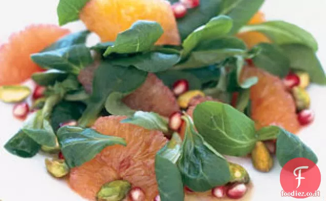 Insalata di Mâche con Arance rosse, pistacchi e melograno