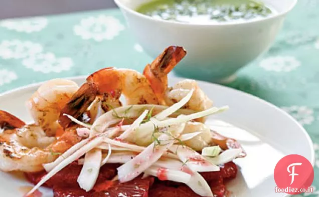 Insalata di gamberi con Arance rosse e finocchietto scheggiato