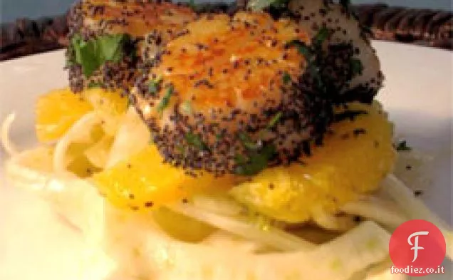 Ricetta nera e arancione: Capesante di mare in crosta di papavero su finocchio A