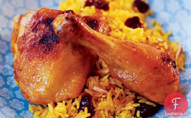 Pollo arrosto persiano con riso ciliegia-zafferano essiccato