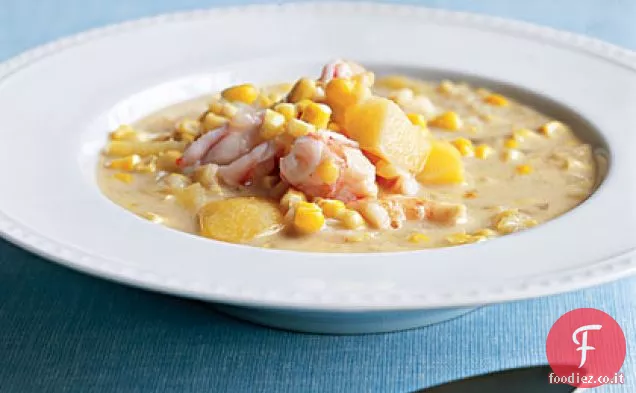 Zuppa di cocco, gamberetti e mais