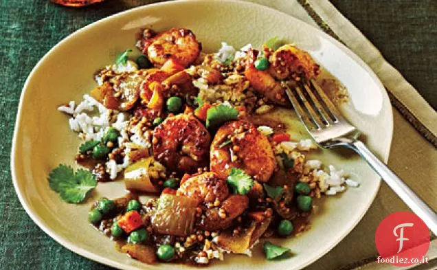 Curry di gamberi Bombay con riso al cocco