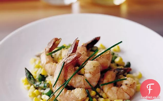 Gamberi coccolati con risotto di mais e asparagi