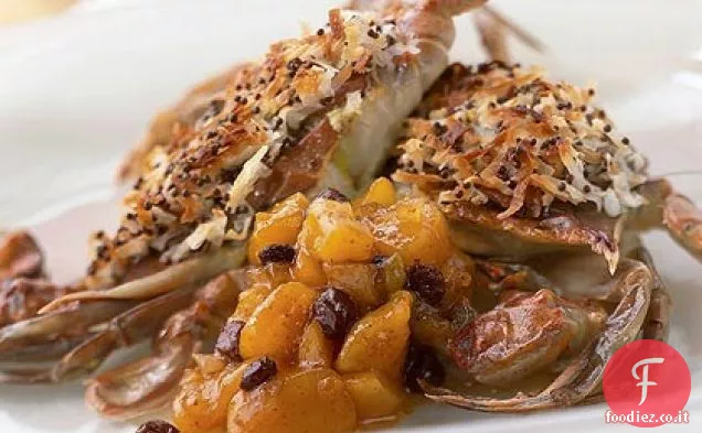 Granchio a guscio morbido in crosta di cocco con chutney di mango