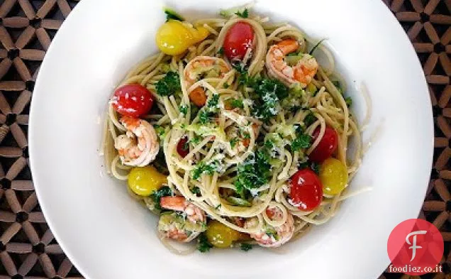Scampi di gamberi con Zucchine e Pasta al Pomodoro