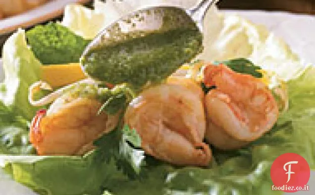 Gamberi saltati in padella con salsa Jalapeño-menta-zenzero e mango