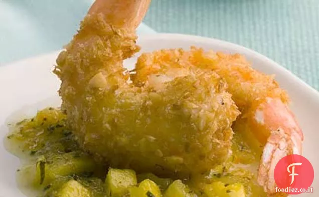 Gamberetti di macadamia al cocco con salsa tropicale calda