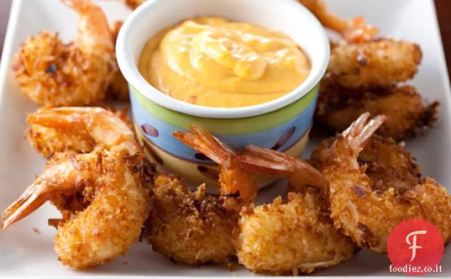 Poppers di gamberetti al cocco con crema di mango al peperoncino