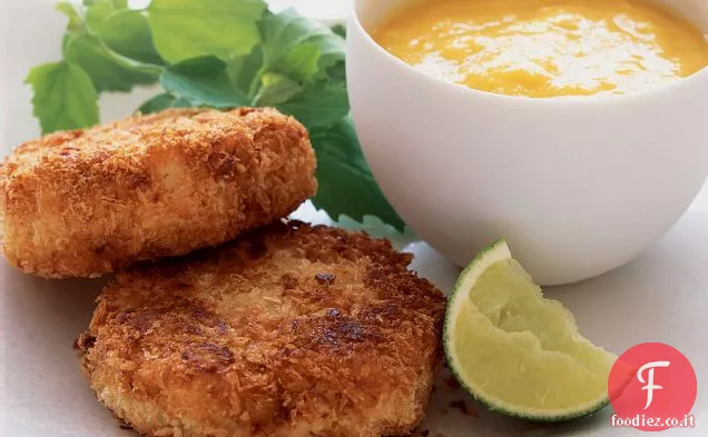 Torte di granchio speziate con purea di mango